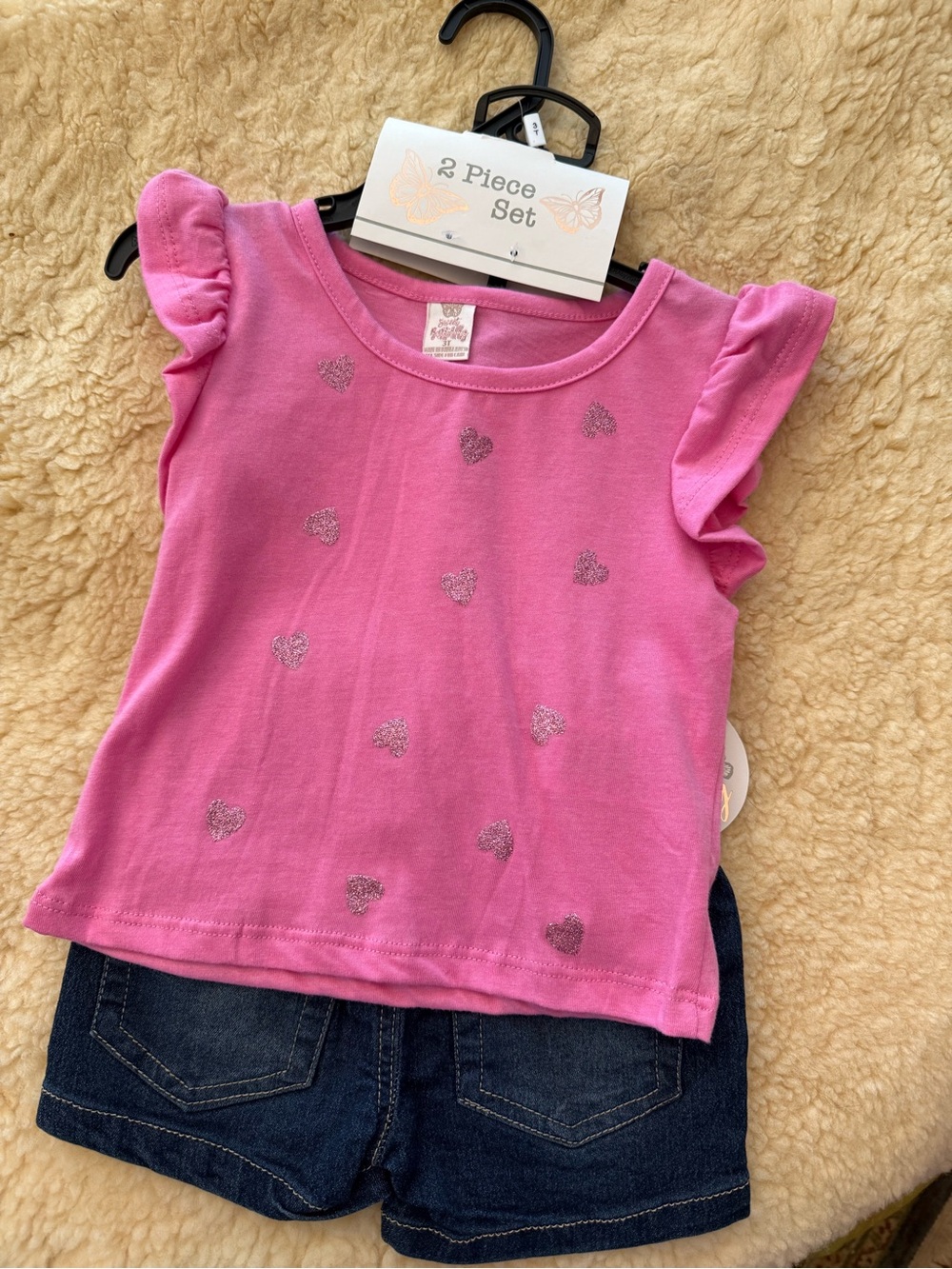 Girls (3T) Pink Flutter Sleeve Tee with Glitter Heart Detail